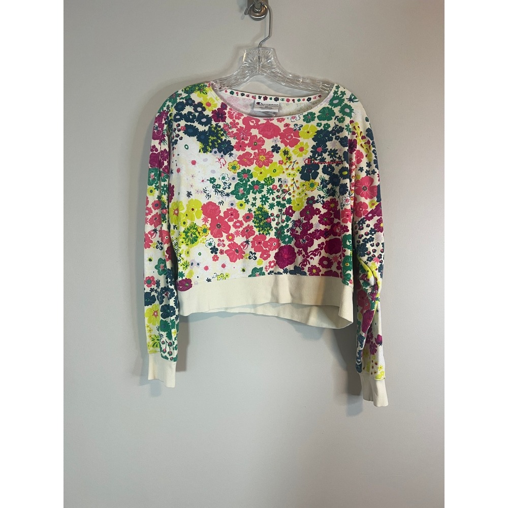 Champion Womens Floral Cropped Sweatshirt XS Multicolor Crew Neck W6327 AVDJ